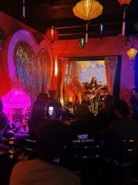 a group of people sitting at a table in a bar